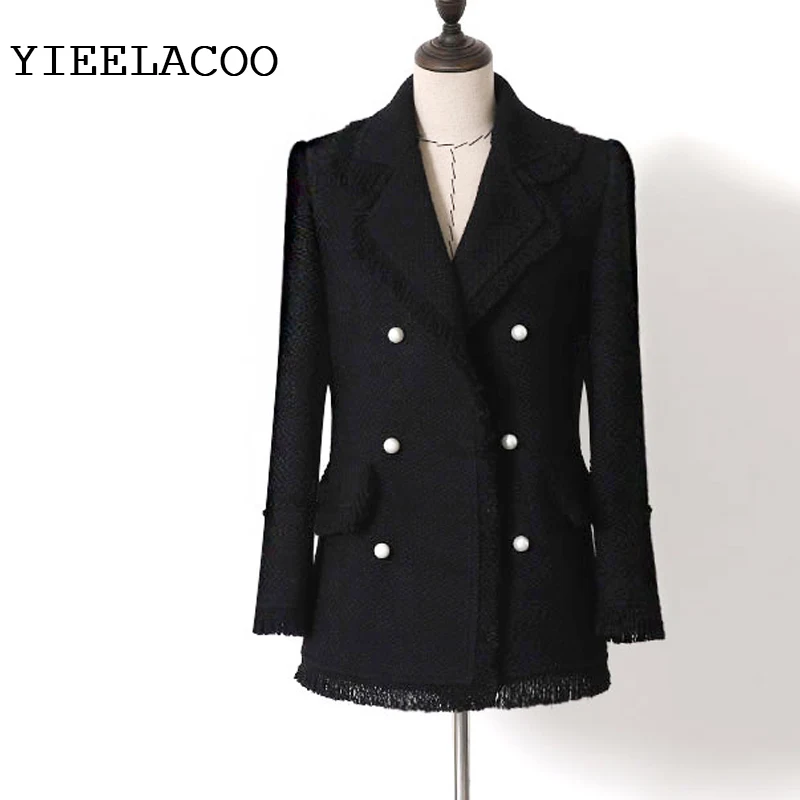 

Black/white tweed jacket Ladies small fragrant wind braided tassels women's jacket Double-breasted pearl buckle suit jacket