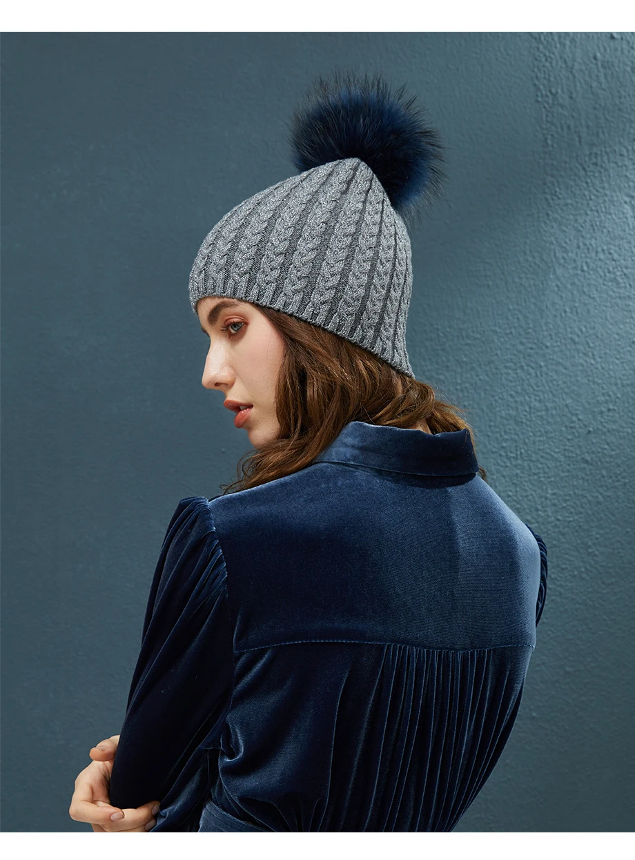 Winter Hats For Women Warm Beanie Real Fur Pompom Wool Hat Female Twist-Type Cap Bright Silk Beanies Women's Hat 5 Colors (14)