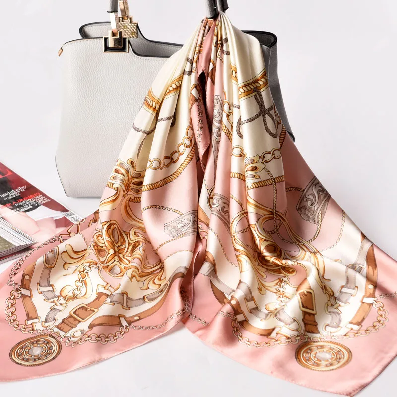 Женский шелковый шарф 88x88 см Роскошные шали и обертывания для дам хиджаб бандана винтажный принт квадратный шелковый шарф платок - Цвет: Color 7
