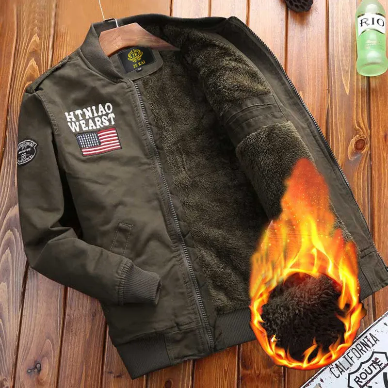 Winter Mens Army Green Military Jacket Warm Fleece Cotton Bomber Jacket