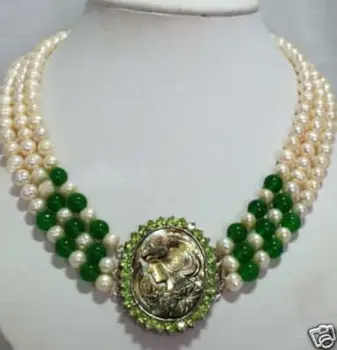 

free shipping Natural 3 row white Akoya pearl & green necklace