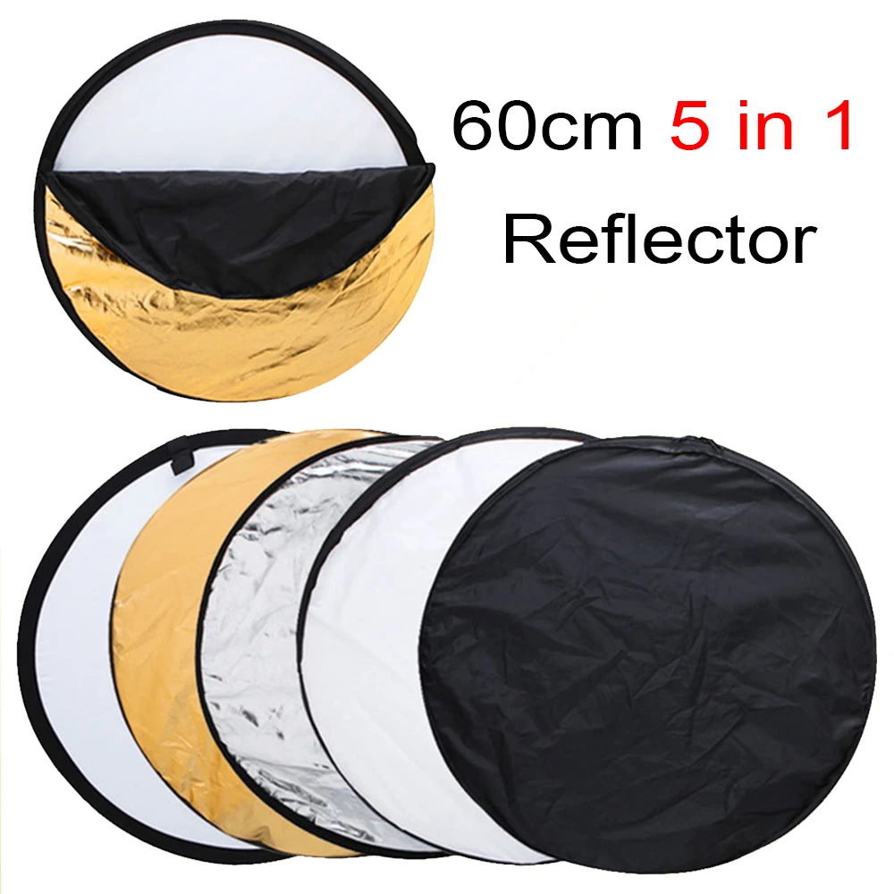 

60cm 24" 5 in 1 Portable Collapsible Light Round Photography Reflector for Studio Multi Photo Disc Silver Gold White Black