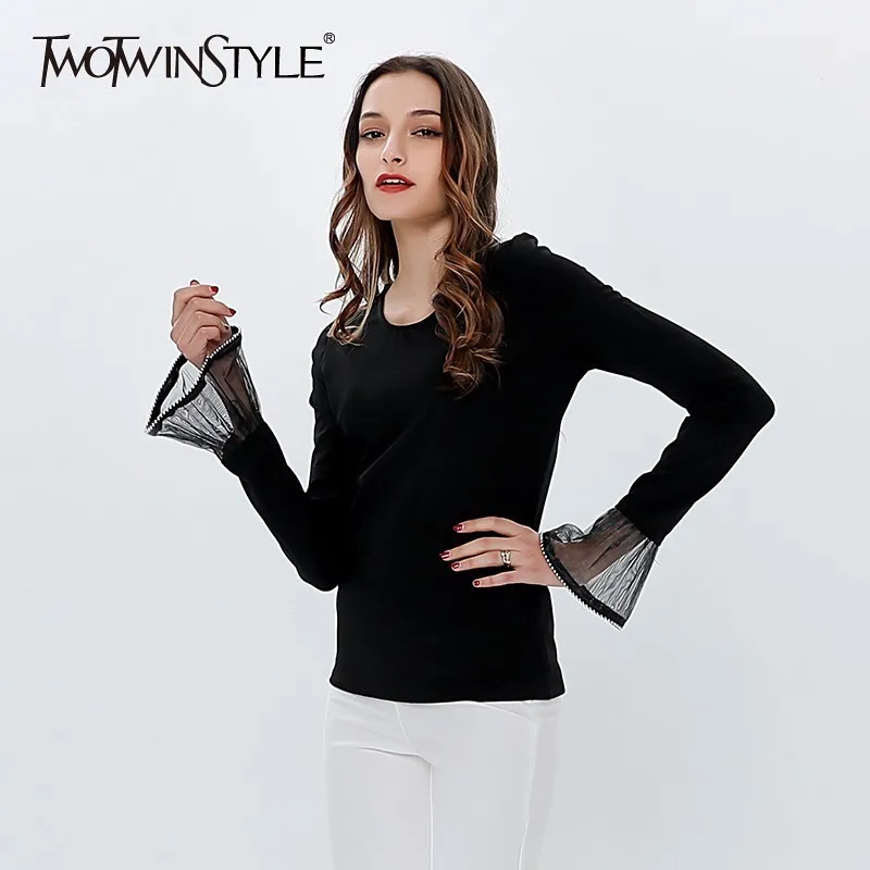 

TWOTWINSTYLE Black Long Sleeve Female T-Shirt Patchwork Beading Tulle Flared Sleeve T-shirts For Women Casual Top Clothes Korean