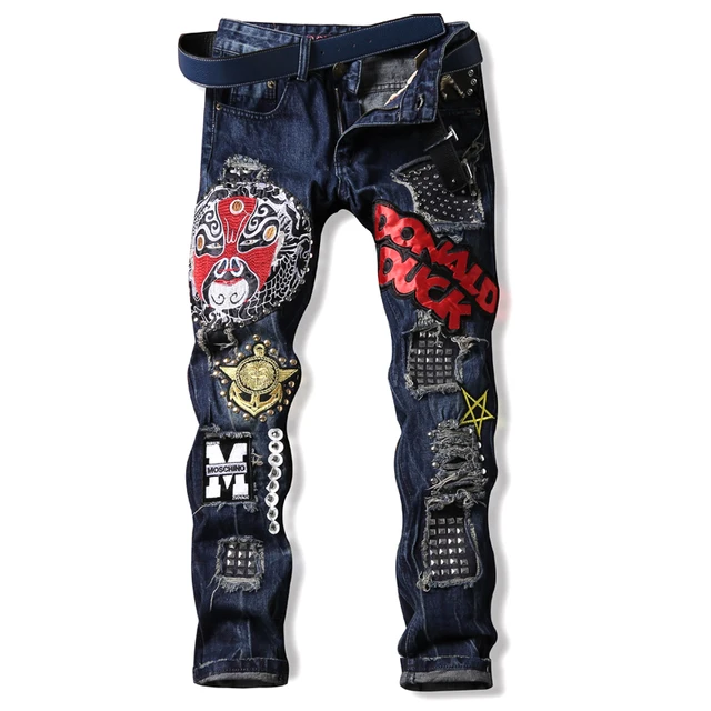 Men Embroidery Badge Patch Jeans Mens Ripped Jeans Punk Biker