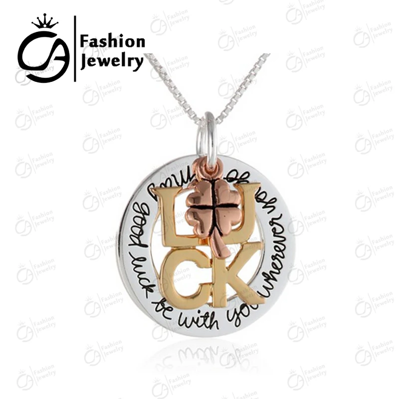 

Wholesale "Luck" "May Luck Be with You Wherever You Go" Four Leaf Clover Message Pendant Necklace20Pcs/Lot #LN1064
