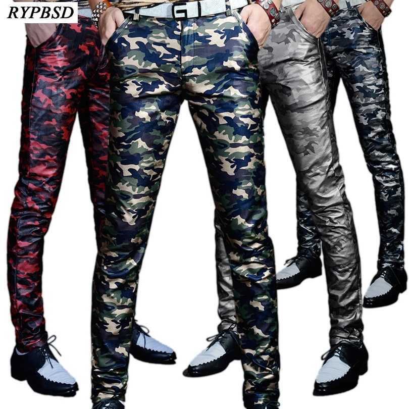 

Spring 2019 Stage Performances Singer Tight PU Leather Pants Men Casual Army Military Camuflage Pants Men Slim Fit Trousers