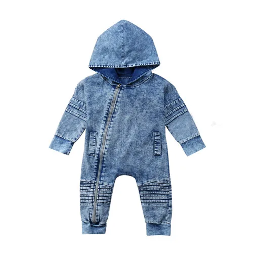

0-3Y Newborn Infant Kids Baby Boys Girls Denim Long Sleeve O-neck Hooded Romper One-piece Jumpsuit Playsuit Outfits Clothes