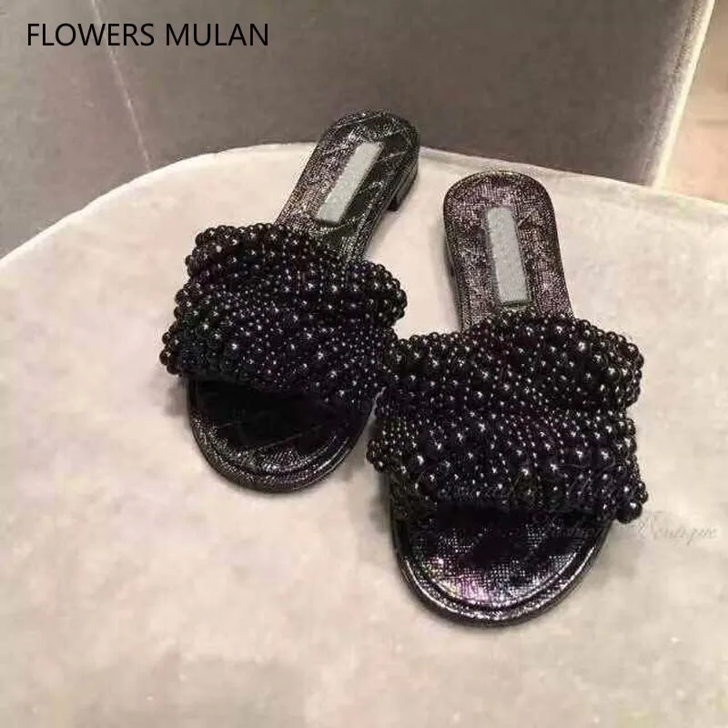 

high quality famous brand Genuine leather Flats toe women Pearls Outdoor Mules Beads Slides Beach Shoes Woman Sandalet
