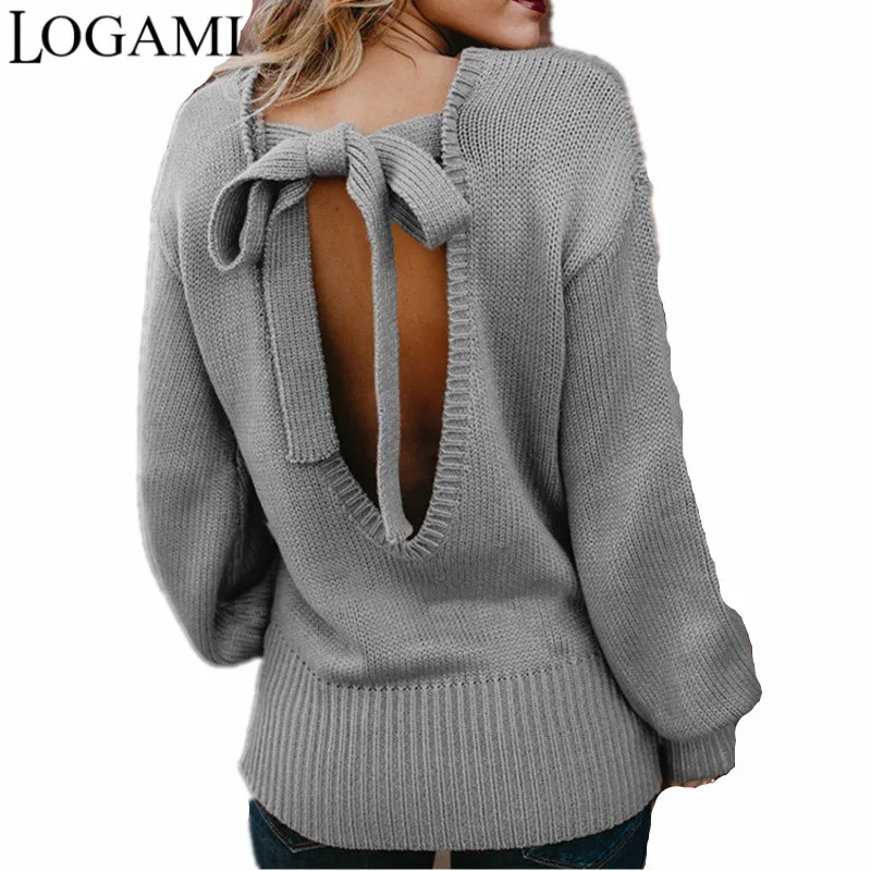 

LOGAMI Backless Bow Loose Knitted Sweater Women Sexy Autumn Pullover And Sweater