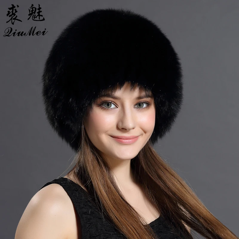 QiuMei gorros de piel de zorro Real de invierno gorras de piel de lujo elásticas de punto forrado genuino de piel de zorro mapache gorros de bombardero ruso - 5