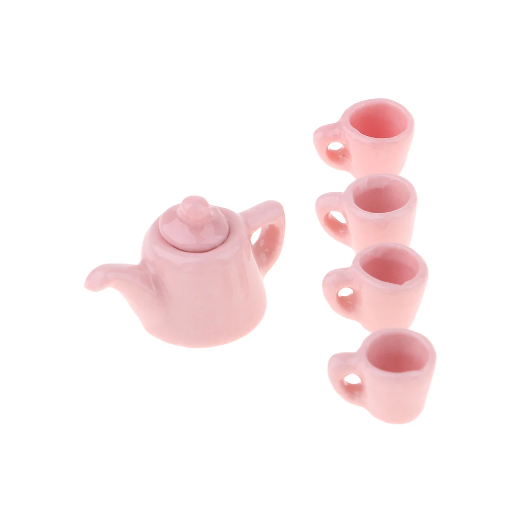 1/12 Dollhouse Miniature Ware Porcelain Tea Set Cup Pot Dish Cup Plate Pure Color Tableware Furniture Toy for Children (Pink)