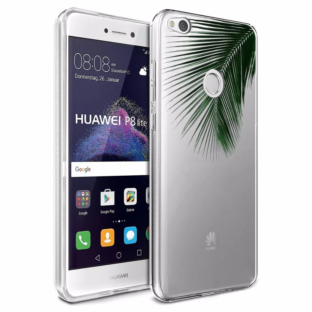 Для Huawei P8Lite случаях Crystal Clear green растения листья Мягкий силиконовый чехол ТПУ