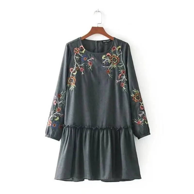 

Stylish Flower Embroidery Gray Dress 2018 Ethnic New Woman Spliced Ruffles Hem Long Sleeve Loose Dresses