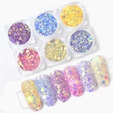 6 цветов Dis цвет ation чешуйчатый блеск для ногтей смешанный размер Блестки для ногтей искусство хлопья гвоздь дизайн голографический блеск