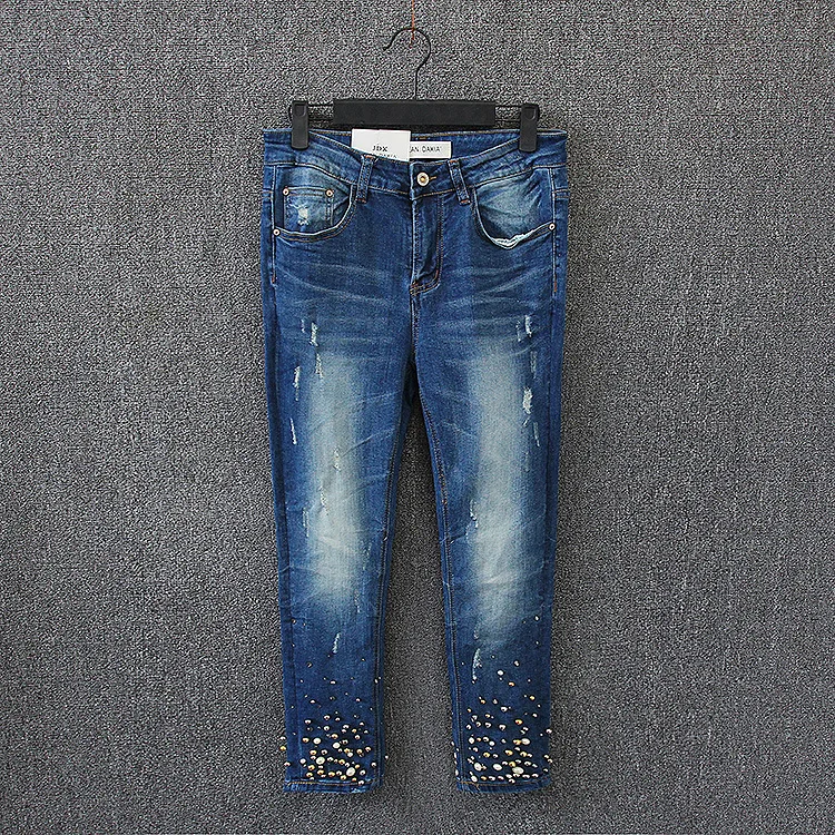 

2017 New Beading Jeans Woman Ripped Hole Jeans Pants Women Denim Pencil Pants Female Plus Size 32,34,36,38,40 K17-69F