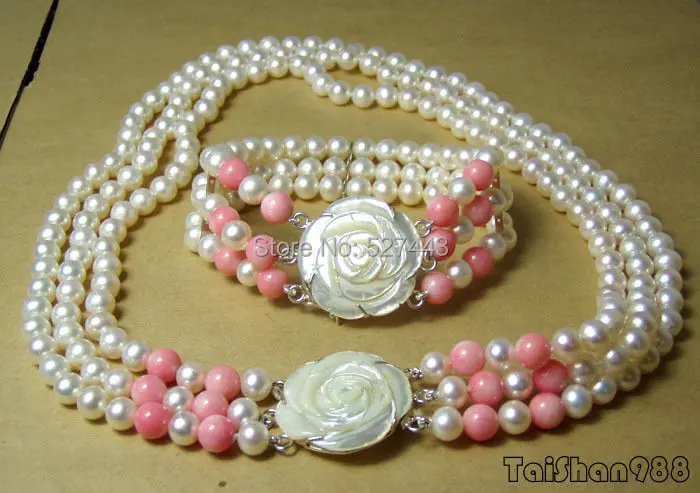 

Wholesale free shipping >>>>>3 Rows Real White Pearl Pink Coral 18KWGP Shell Clasp Necklace Bracelet Set