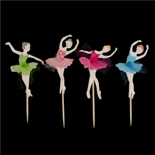 

24pcs/set Birthday Lace Dancing Girl Cake Insert Card Party Decorations Happy Birthday Ballerina Fairy Cupcake Topper Picks