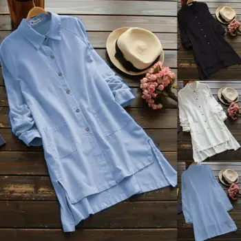 

Hirigin Women Summer Casual Solid Long Sleeve Pockets Turndown Collar Loose Tops Shirt Dress XL-5XL
