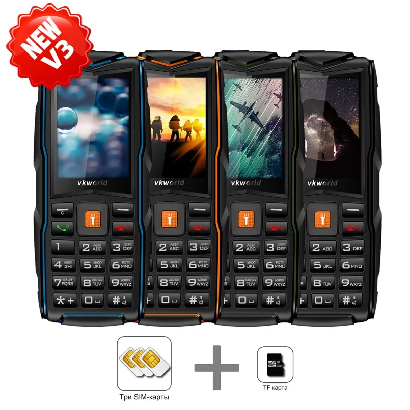 VKworld новый камень V3 мобильного телефона Водонепроницаемый IP68 2 4 дюймов FM радио 3 sim