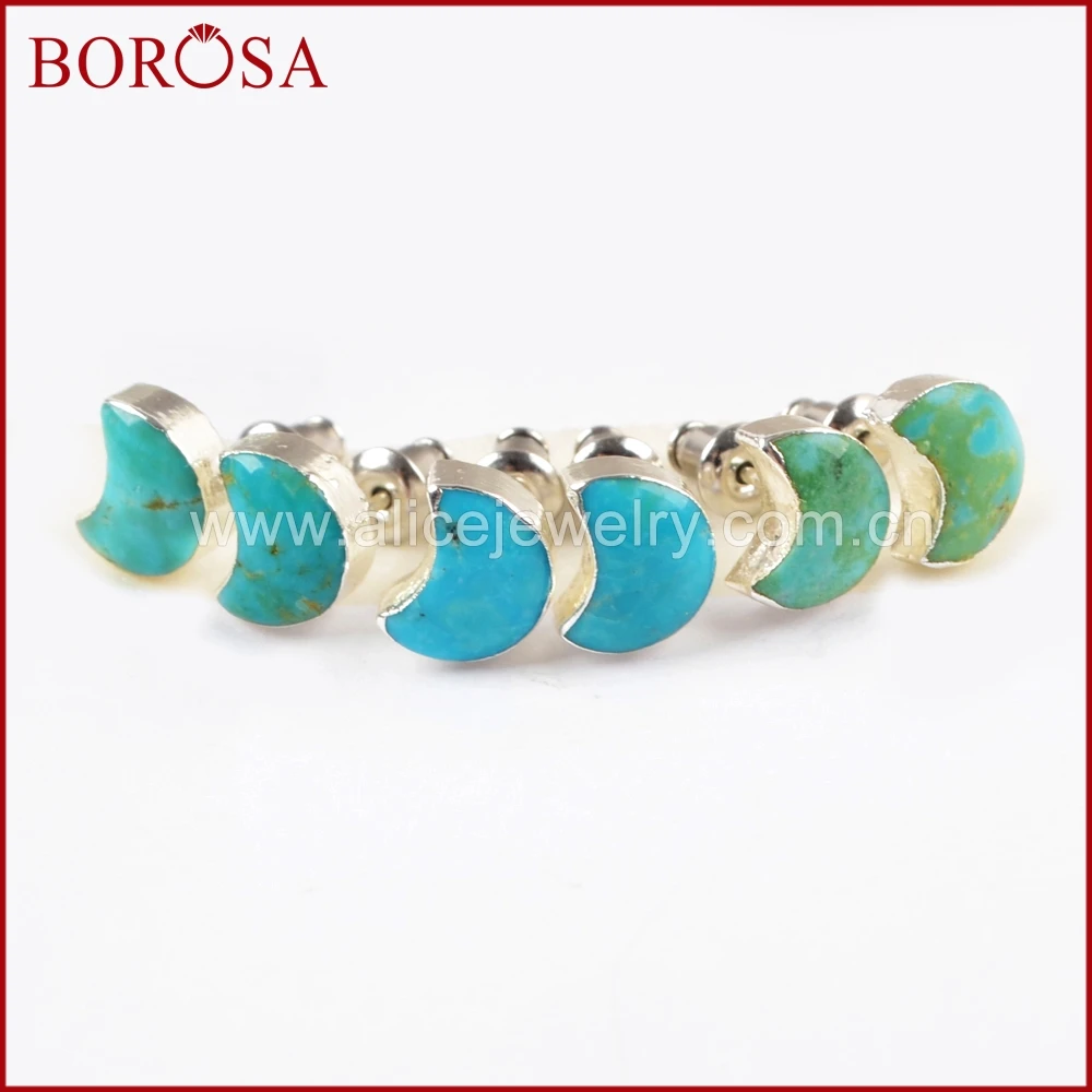 

BOROSA New 5Pairs Silver Color Natural Turquoises Natural Blue Stone Moon Crescent Stud Earrings for Women Druzy Jewelry S1225