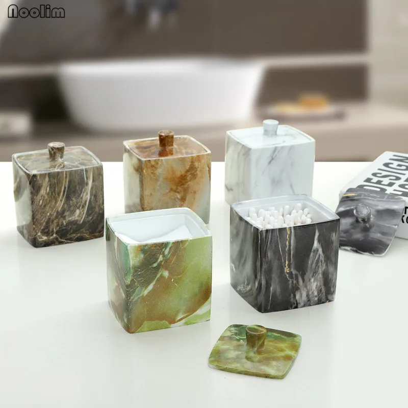 

NOOLIM Multifunctional Marble Cotton Swab Box Creative Resin Toothpick Box Large Jewelry Cotton Pad Storage Box with Lid