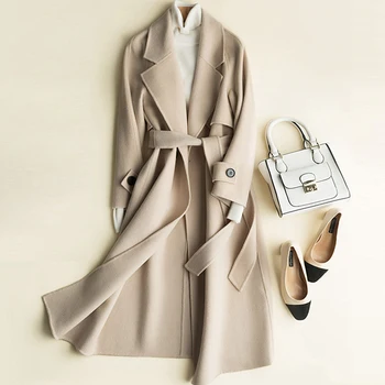 

Wool Coat Women 100% Wool Classical Design Solid Drop-shoulder Belt 4 Colors Quality Slim Coat England Style 2018 New Fashion