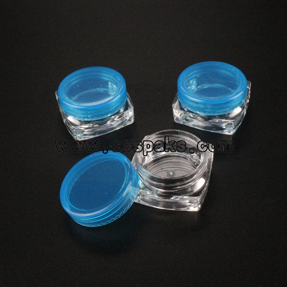100pcs 3g blue square cream jars , plastic 3ml empty cosmetic Jar, 3g