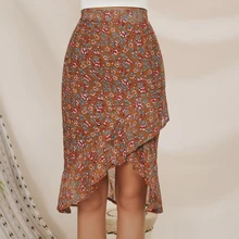 Шифоновая женская летняя юбка с цветочным принтом,, бохо, праздничная, высокая талия, молния сзади, оборки, Русалка, асимметричная, миди, облегающая юбка