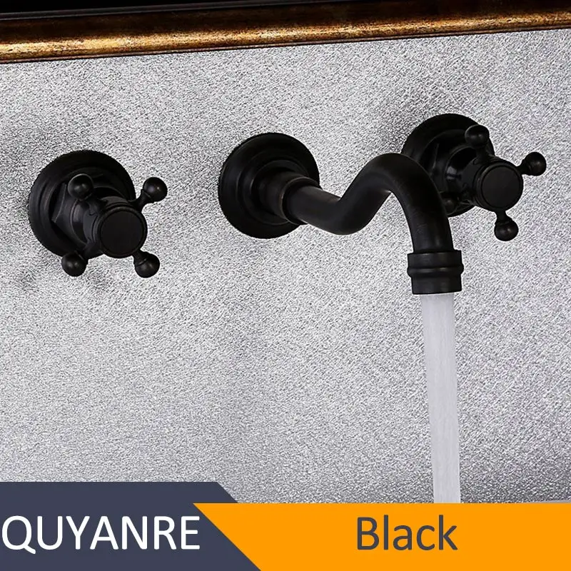 Quyanre черный античный латунный кран для раковины 20 см длинный носик двойные ручки 3 отверстия смеситель настенный кран для раковины ванной комнаты - Цвет: Blackend