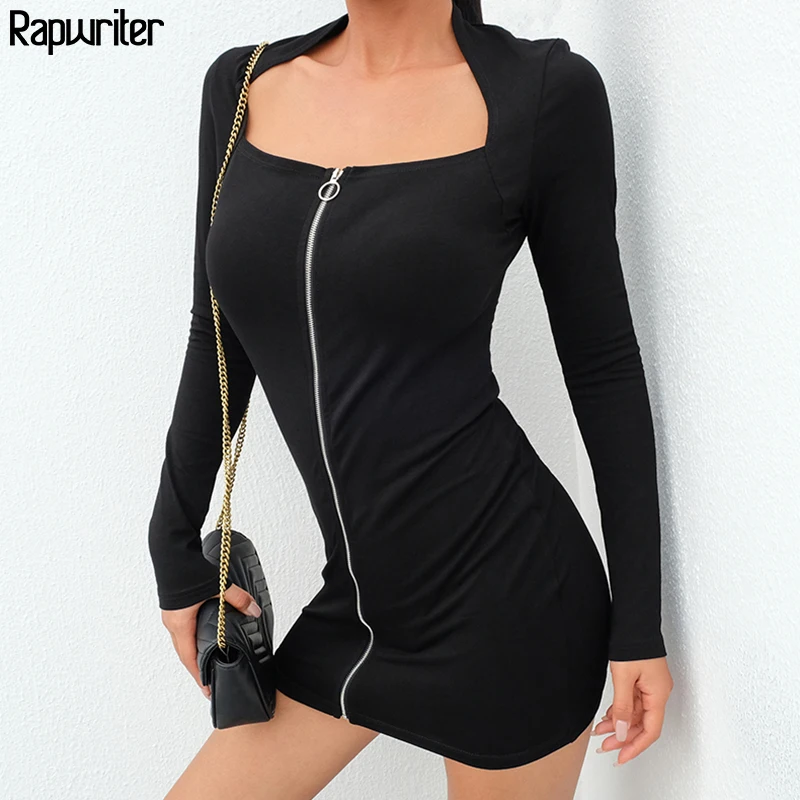 Rapwriter Sexy Skinny Square Collar Neck Slim Dress Women