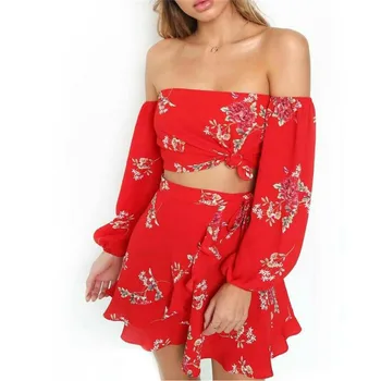 

Fashion Women Summer 2pcs Mesh Sheer Sexy Lady Crop Top Elegant Beach Floral Starpless Print Skirt Set Party Mini Dress