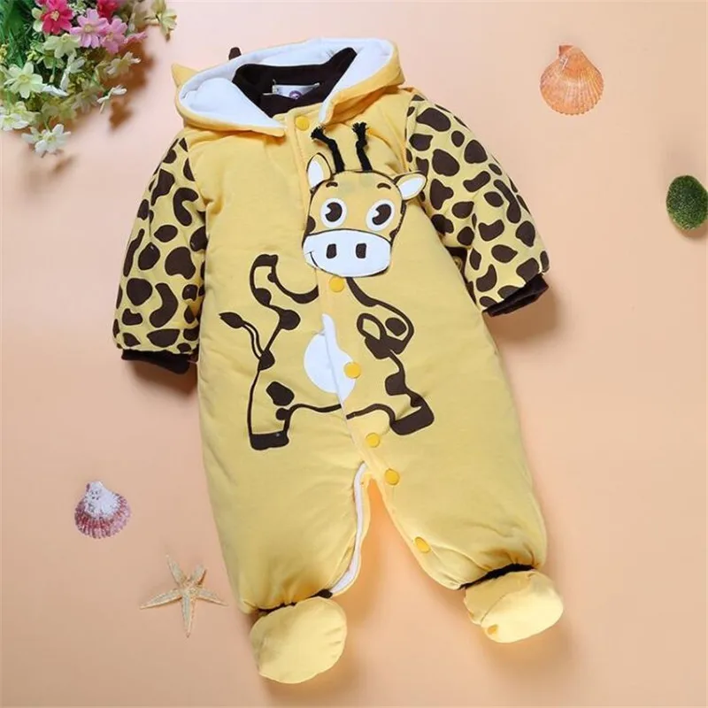 Комбинезоны для новорожденных от 0 до 9 месяцев; одежда для маленьких девочек и мальчиков; плотный комбинезон унисекс с капюшоном; осенне-зимняя одежда для младенцев; милый детский костюм - Цвет: Цвет: желтый