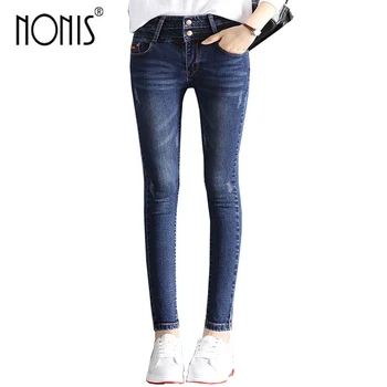

Nonis 2018 Spring Summer Women Ankle-Length Jeans Two button Stretch Skinny Female Slim Pencil Pants Denim Ladies Trousers