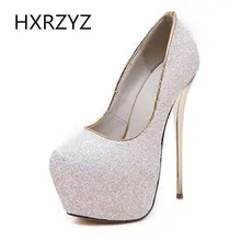 Brand HXRZYZ spring/autumn fashion bling 16cm super high heels with platform sexy thin heel shoes women black white pink pumps