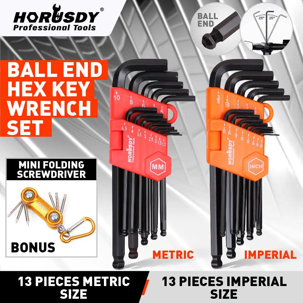 

HORUSDY 26Pcs Hex Key Set Allen Wrench Ball Point End Long Arm Folding Screwdriver Set Folding Wrench Bicycle Repair Hand Tools
