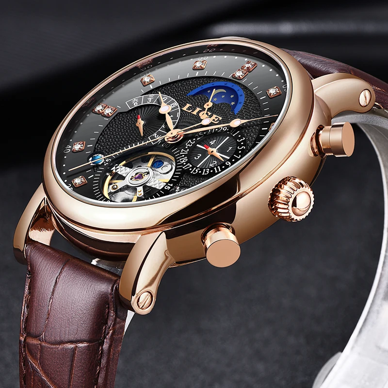 LIGE Брендовые мужские часы автоматические механические Tourbillon спортивные кожаные