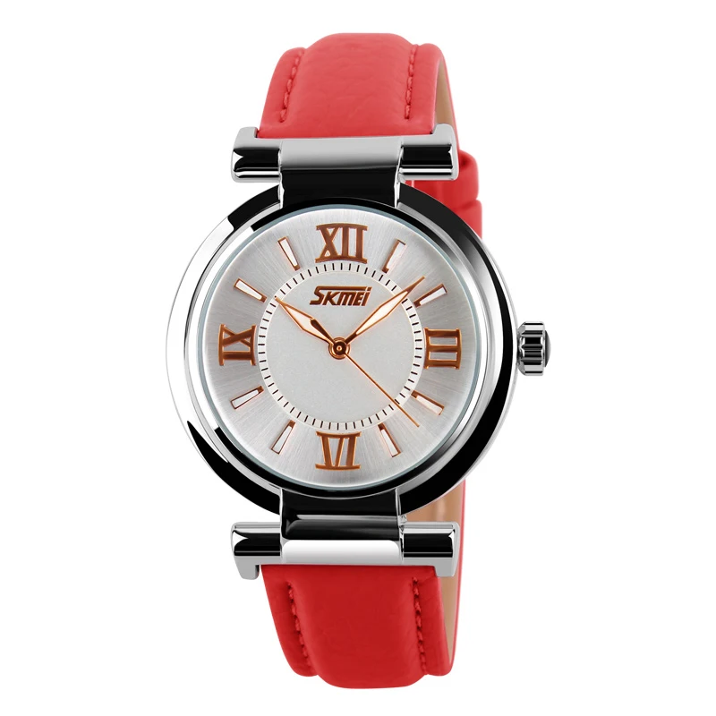 SKMEI 9075 женские часы водонепроницаемые с кожаным ремешком Модные кварцевые часы люксовый бренд наручные часы Relogio Feminino XFCS - Цвет: Красный