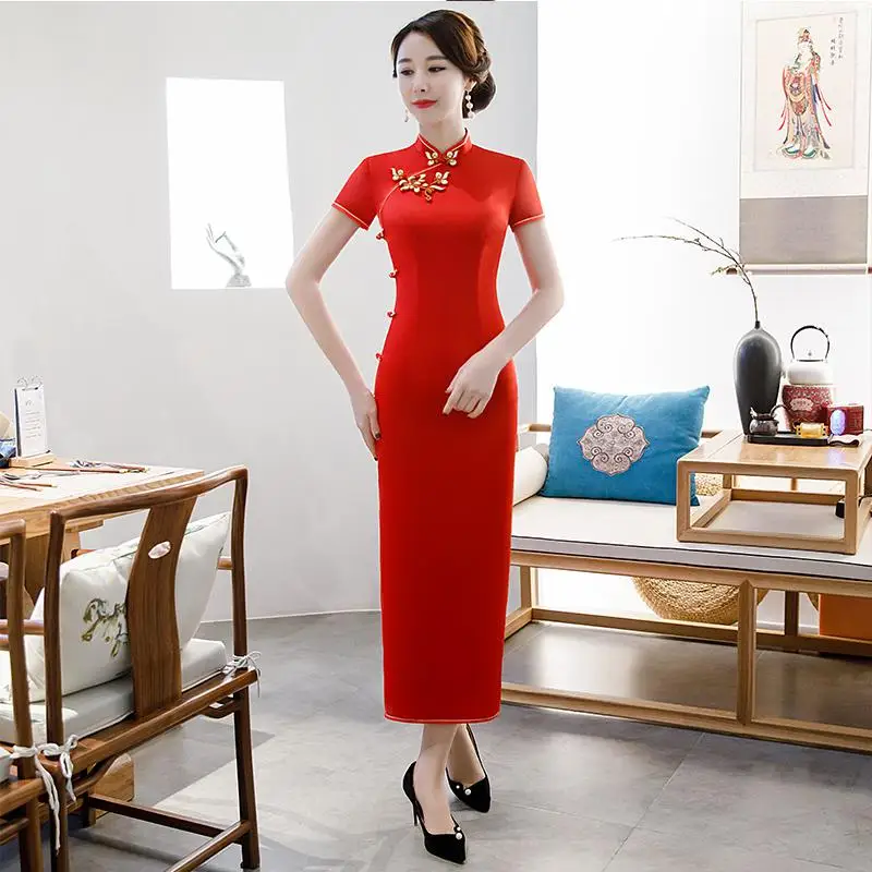 Сексуальная длина до колена Cheongsam летнее винтажное платье в китайском стиле Модные женские вискозные Qipao тонкие вечерние платья с пуговицами Vestido - Цвет: Red - Long
