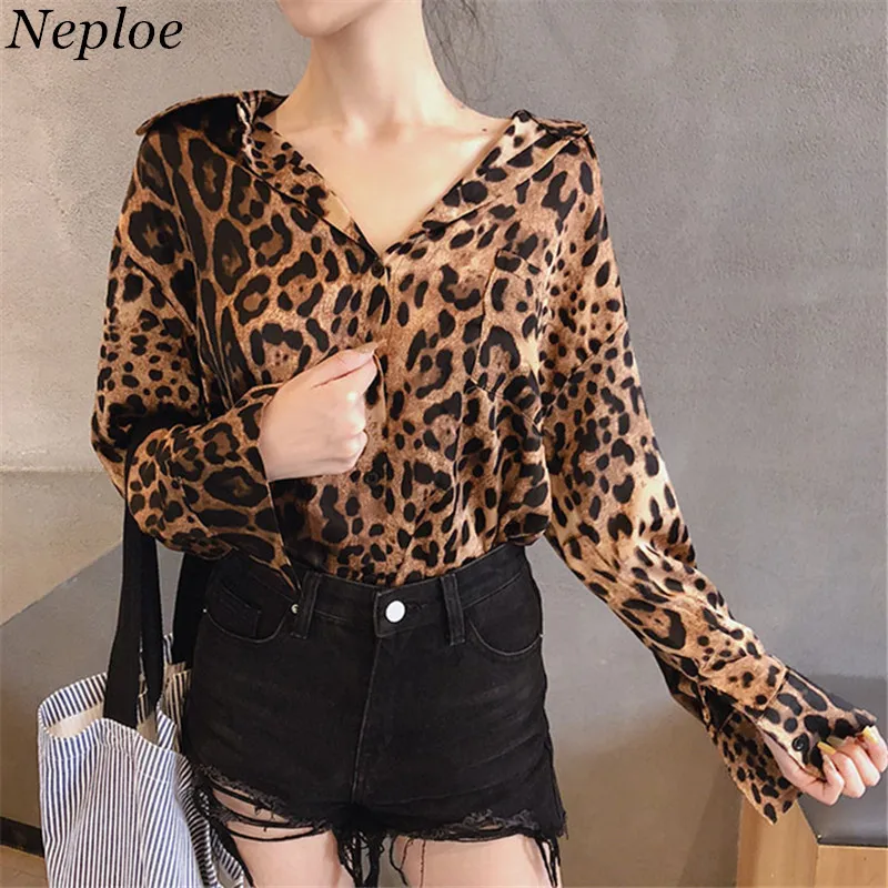 Neploe Leopard V Neck Sexy Women Shirt Flare Sleeve Single