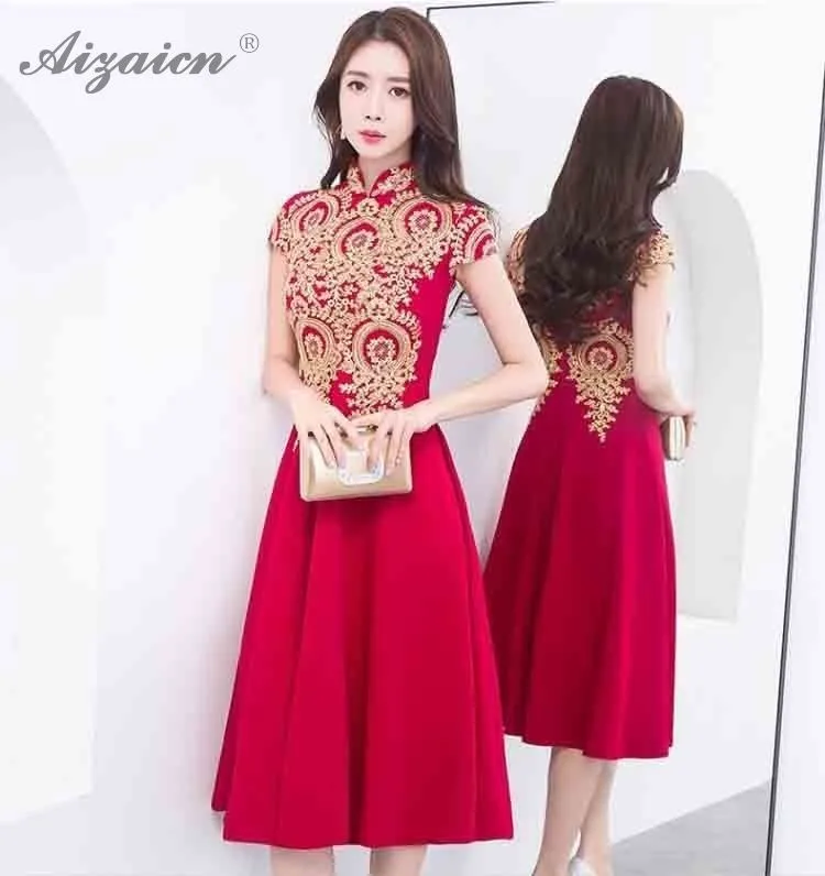 Novia moda corto rojo Cheongsam vestido bordado flor Qi Pao mujeres chino tradicional ropa Qipao Восточный vestidos de boda