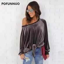 Pofunuo Women Brown Off Shoulder Velvet Blouse 2017 Spring Female Casual Long Sleeve Red Loose Tie