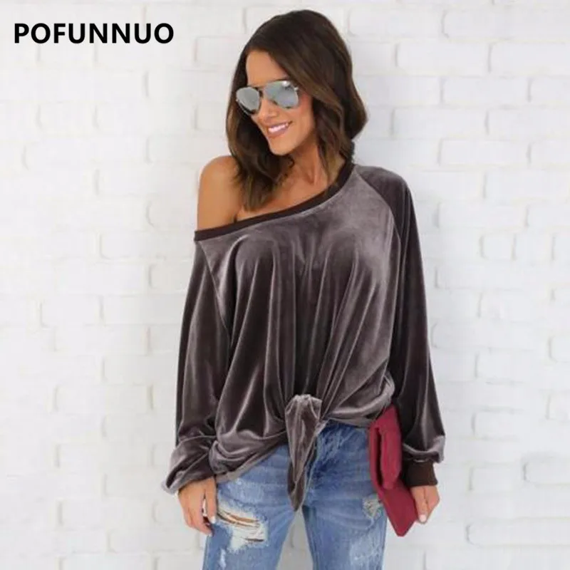 Pofunuo Women Brown Off Shoulder Velvet font b Blouse b font 2017 Spring Female Casual Long