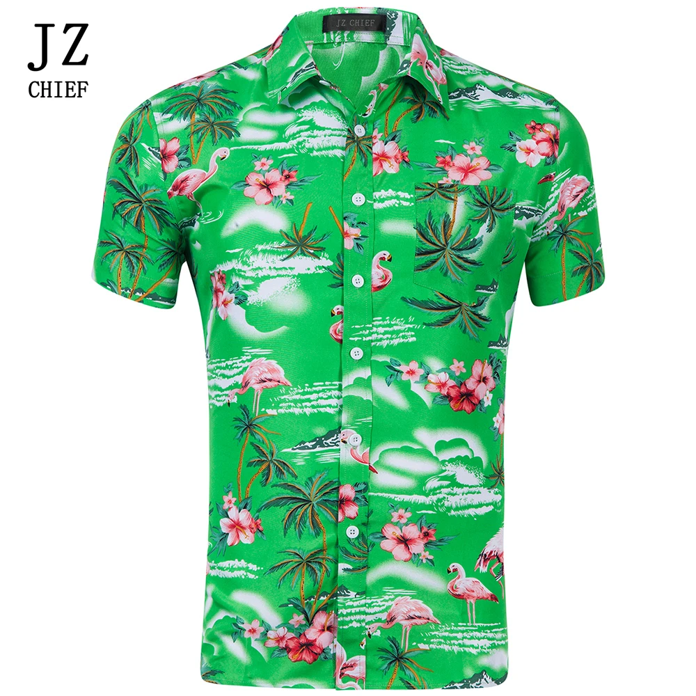 

JZ CHIEF Flamingo Print Floral Hawaiian Shirts For Men Summer Short Sleeve Button Down Casual Beach Shirt Flamingo Shirt US Size