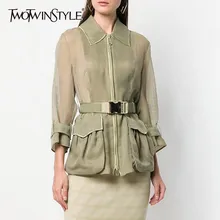 TWOTWINSTYLE выдалбливают Твердые куртки для женщин воротник с лацканами длинным рукавом на молнии пояса для пальто Женская мода лето