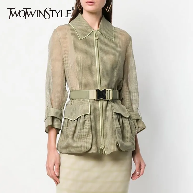 discount  TWOTWINSTYLE Hollow Out Solid Jacket For Women Lapel Collar Long Sleeve Zipper With Sashes Coat Fem