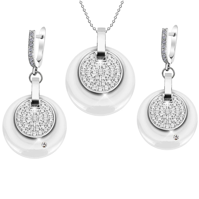 Африканский стиль Дубай роскошный комплект ювелирных изделий Bling Crystal негабаритных круглых керамических сережек с подвеской наборы нигерийских свадебных ювелирных изделий для женщин - Окраска металла: White