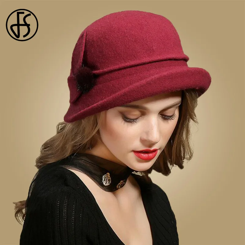 FS зимние черные шерстяные шапки для женщин с широкими полями Fedora винтажные фетровые шапки с цветком меховые дамские Клош котелок элегантная церковная Кепка - Цвет: Wine Red Wool Hat