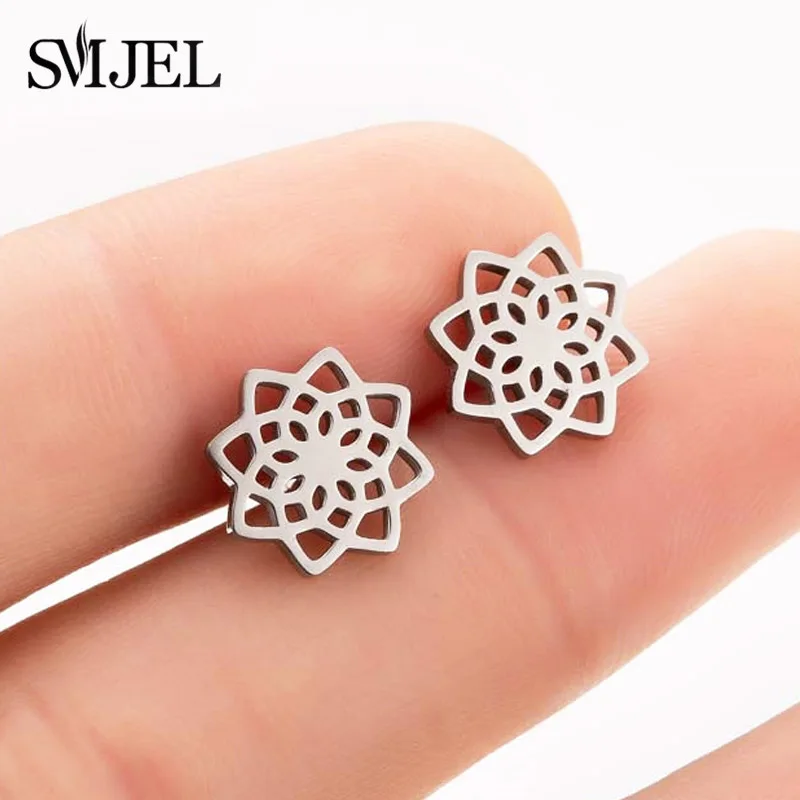 SMJEL Korean Stainless Steel Earrings for Women pendientes hombre Flower Small Earrings Studs Birthday Gifts Wholesale - Окраска металла: flower