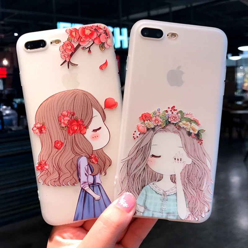 Clear Cute Emboss Case for iphone 8 Plus Cartoon Girl