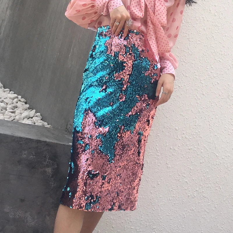 

Autumn High Street Designer Patchwork Sequined Skirt Women High Waist Back Spit Midi Skirts Club Party Pencil jupe femme